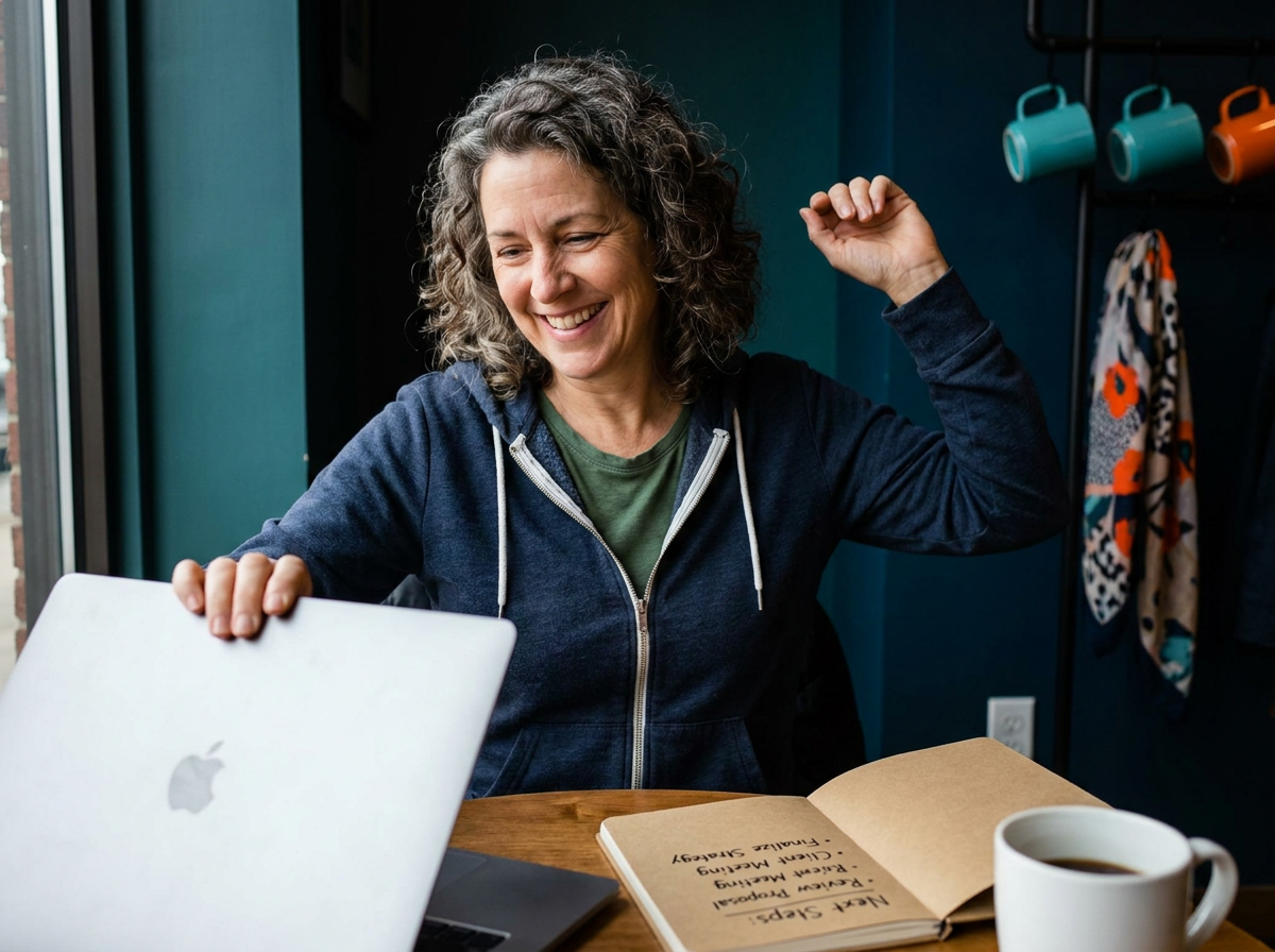 A confident consultant closing their laptop in a coffee shop