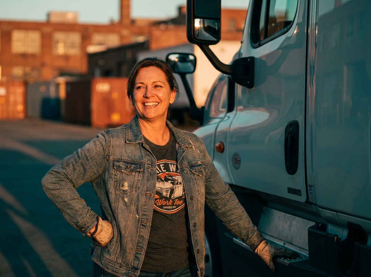 Confident truck operator standing next to their truck at sunset