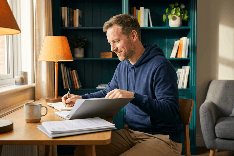 Consultant reviewing financial documents in a home office