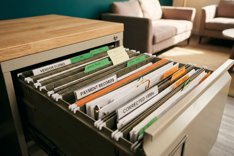 A filing cabinet filled with 1099 files and forms. 