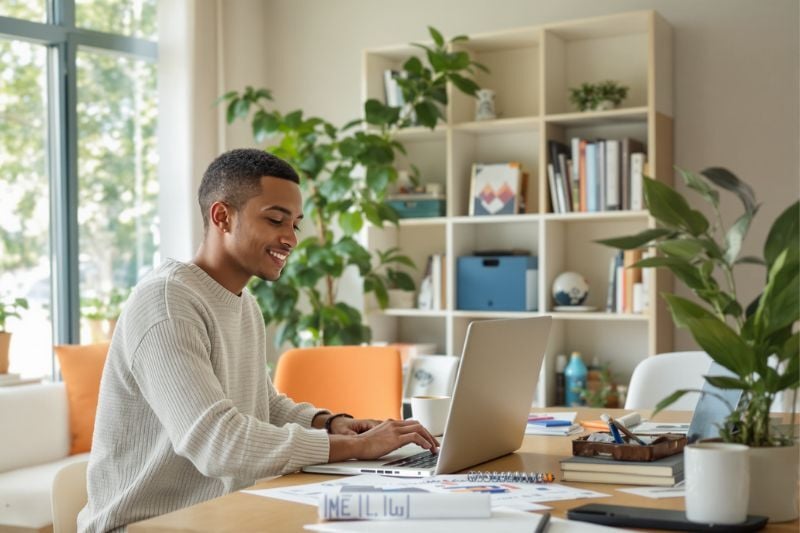 A person with short dark hair wearing a cream-colored knit sweater smiles while working on a laptop at a wooden desk in a bright, plant-filled home office with large windows showing greenery outside.