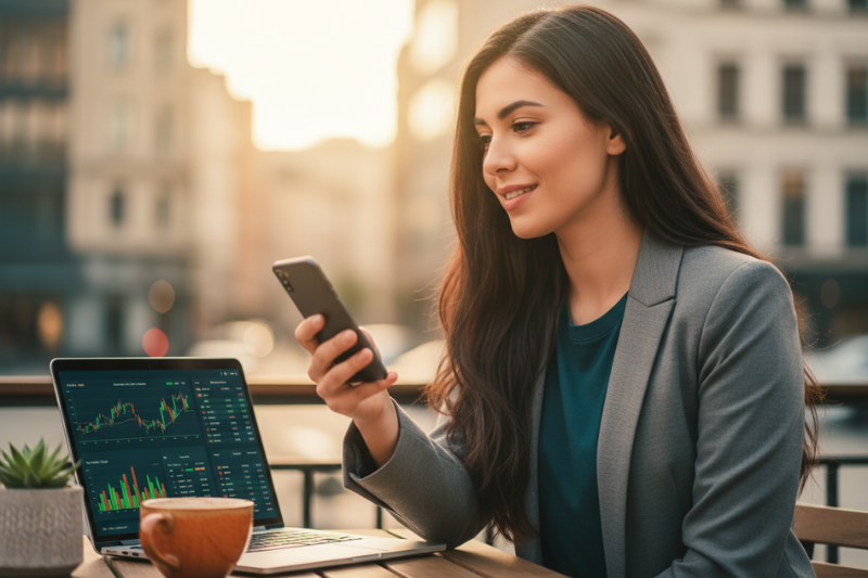 A professional working at a sunny cafe