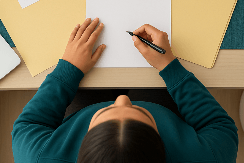 An overhead shot of someone writing on paper