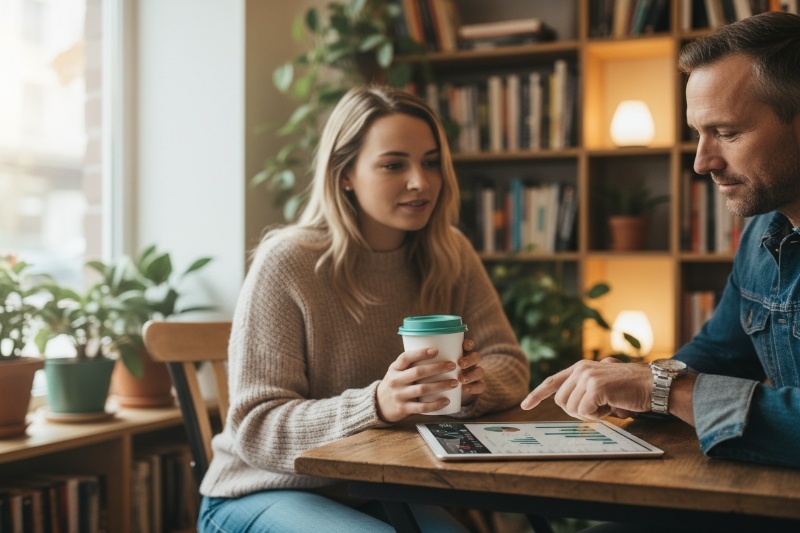 Woman in a cafe holding coffee