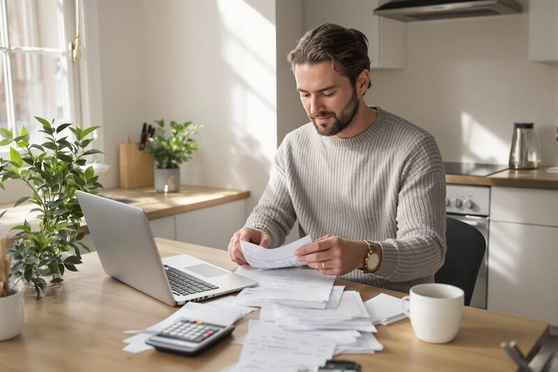man sitting at a desk with his laptop and papers