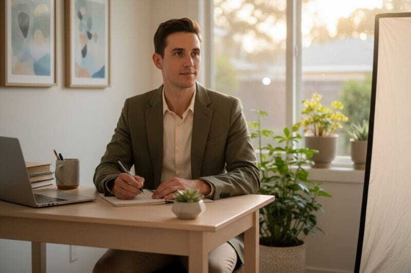 a man writing on a piece of paper on a table