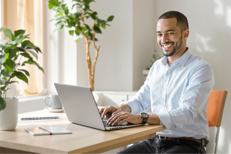 A smiling professional man wearing a light blue button-down shirt and watch sits at a modern wooden desk using a laptop in a bright, plant-filled office workspace with natural sunlight streaming through the window.
