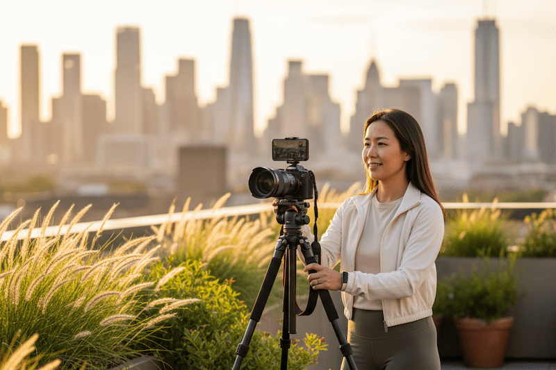 woman photographer setting up a shot