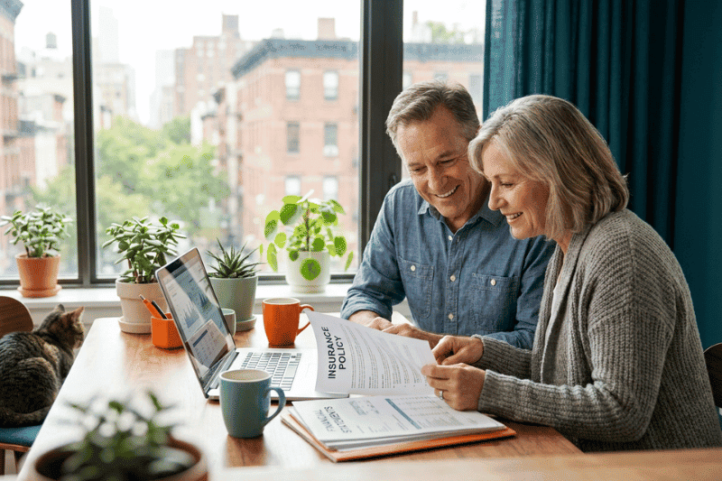 Couple reviewing documents at their kitchen table