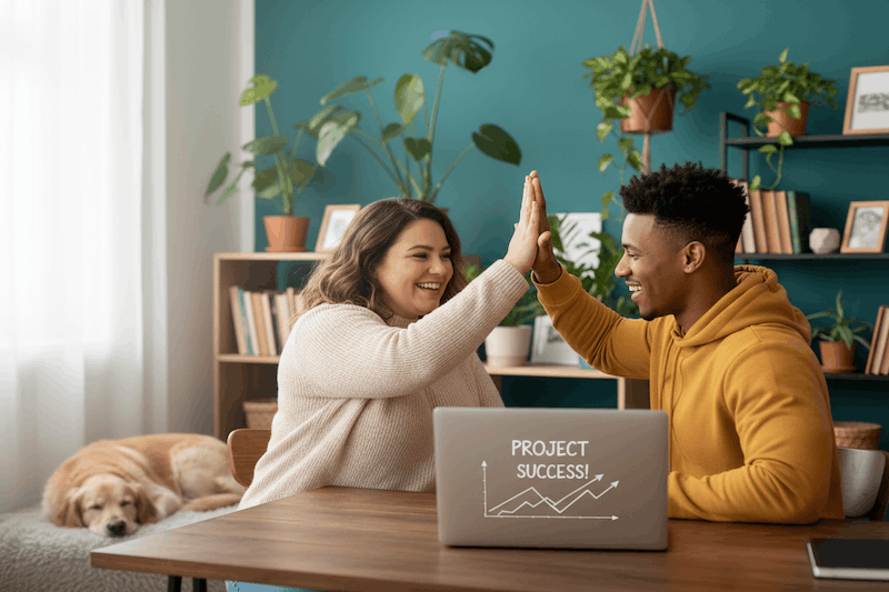 two friends doing a high five with laptop on desk