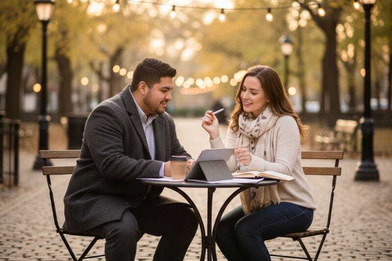 Early morning collaboration at a park cafe using a tablet