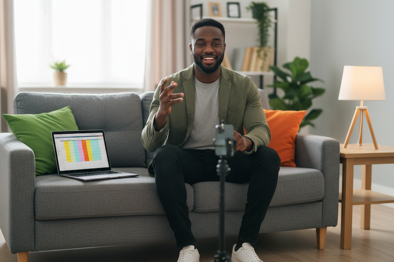 video blogger setting up on the couch