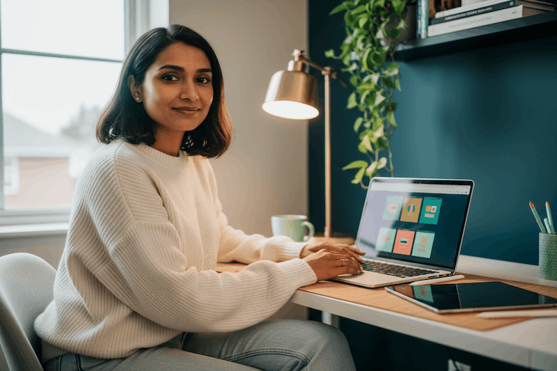 woman sitting on desk with laptop