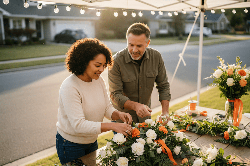 woman and man preparing floral arrangements