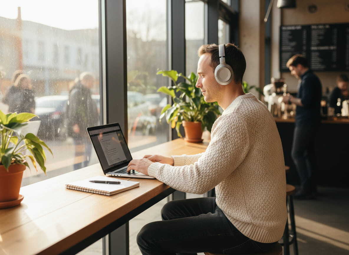 a solopreneur by the window seat in a coffee shop