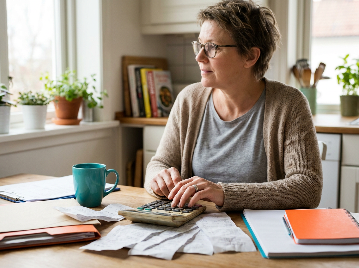 Freelancer reviewing receipts at their kitchen table