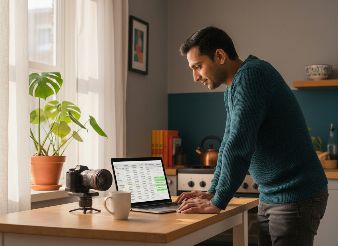 Freelancer reviewing cash flow at a kitchen table