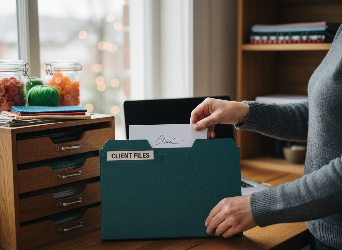 Hands placing a signed document into a folder