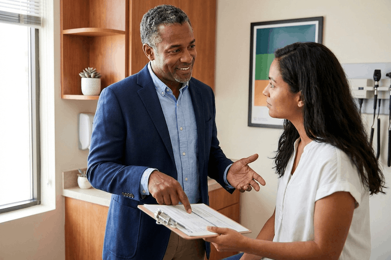 healthcare provider with a patient in a clinic reviewing records