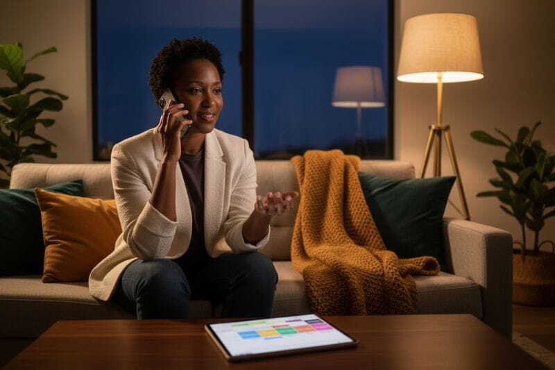 a solopreneur in a sofa doing some business planning late at night