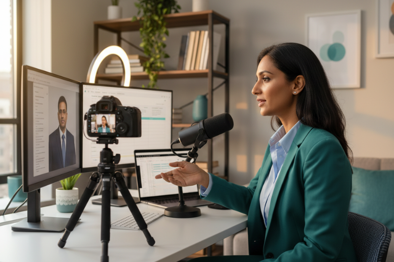 A content creator recording in a home office