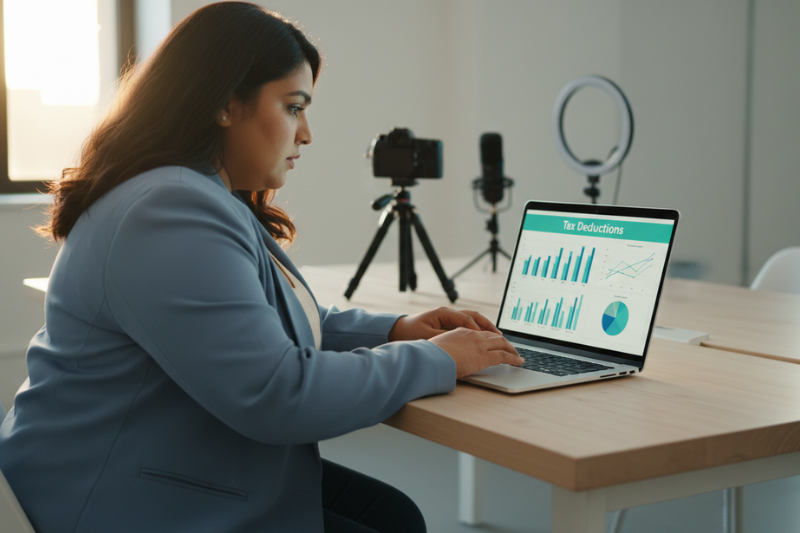A content creator doing taxes at a desk