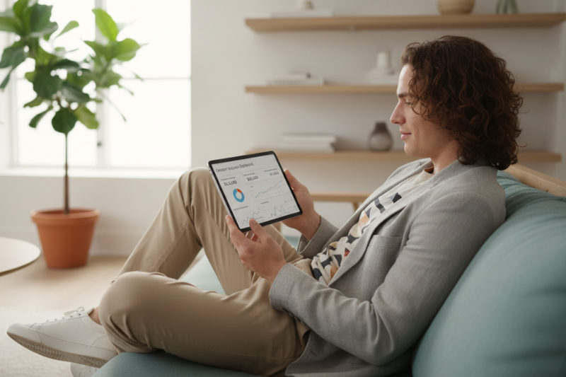 A content creator working on a sofa