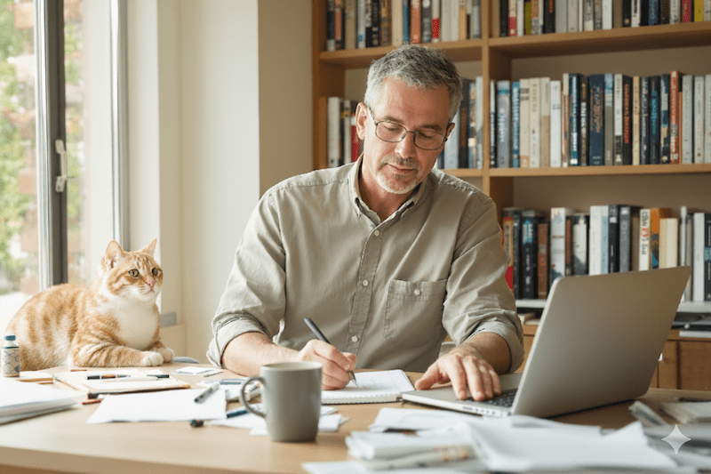 A middle-aged man with gray hair and glasses wearing a beige button-down shirt writes notes at a home office desk while an orange tabby cat sits beside him, with bookshelves and windows visible in the background and a laptop nearby.