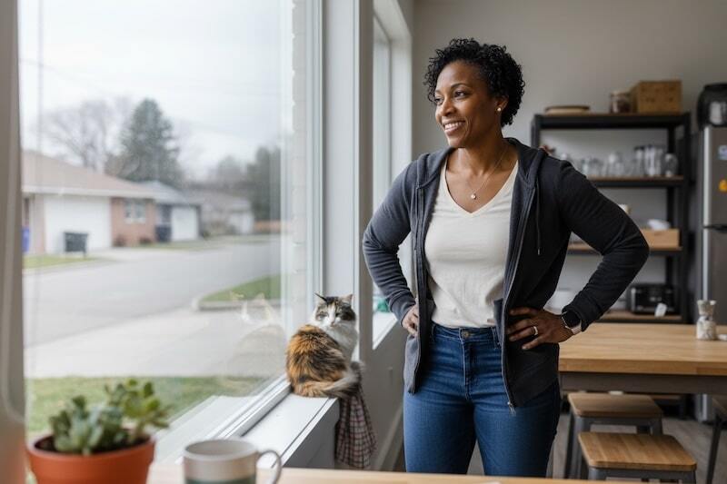 Person standing in a power pose facing toward a window
