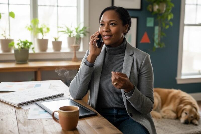 Graphic designer taking a phone call at home