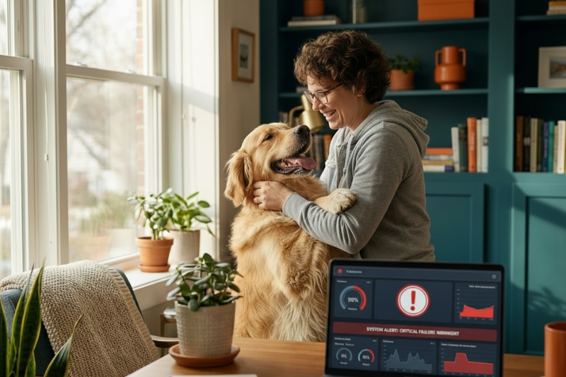 A solopreneur in a home office with their dog