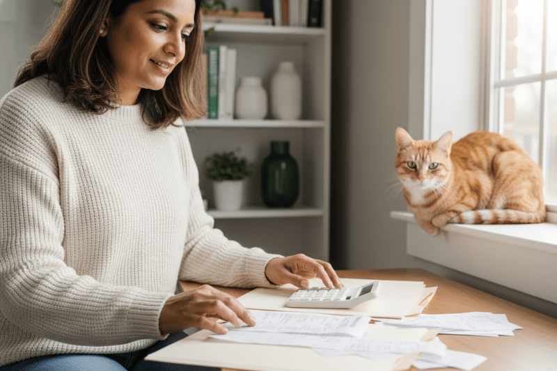 Women sorting through taxes with a cat