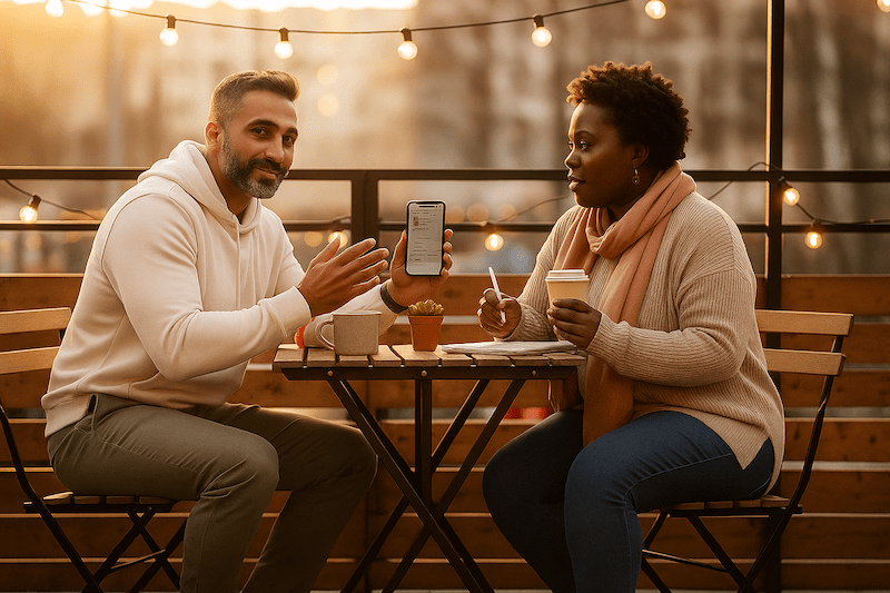 Two business owners sat outside together