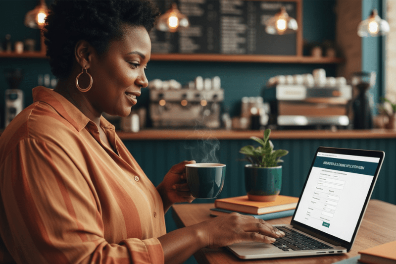 Woman sat in a dimly lit coffee shop, working from her laptop