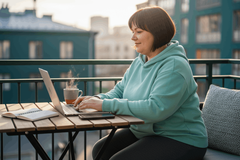 A woman working in a sunny cafe
