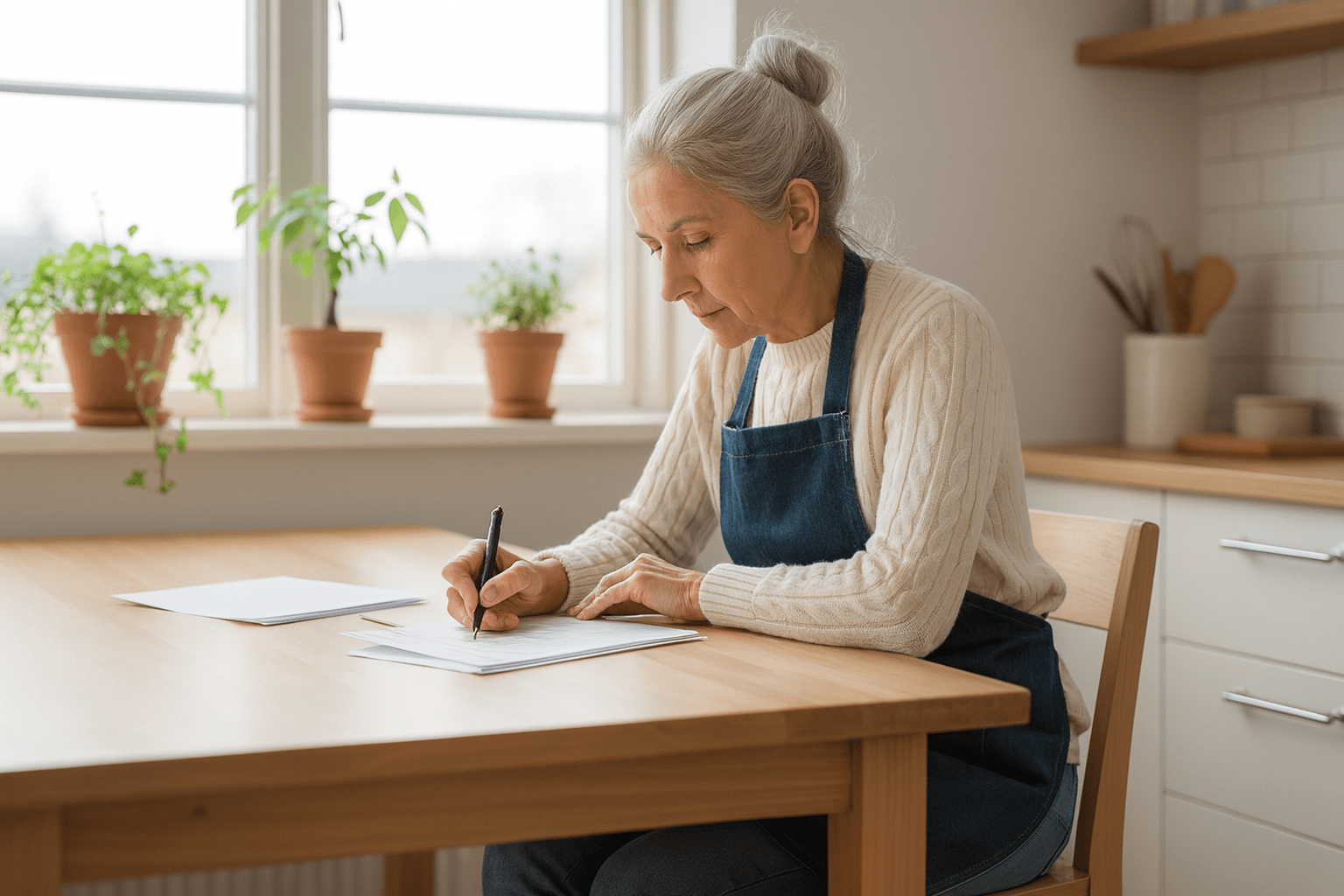 Person writing on a table in a sunlit room 