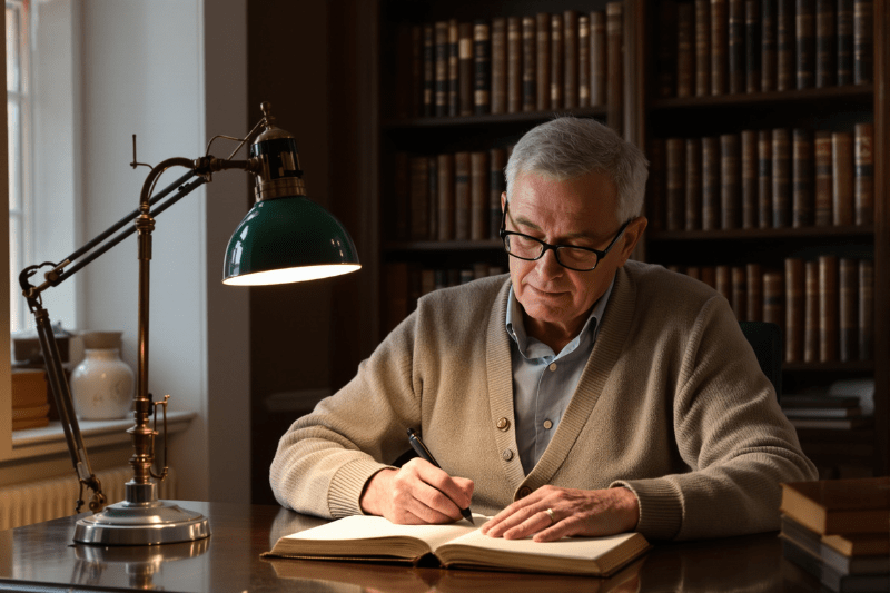 Author doing taxes in their study