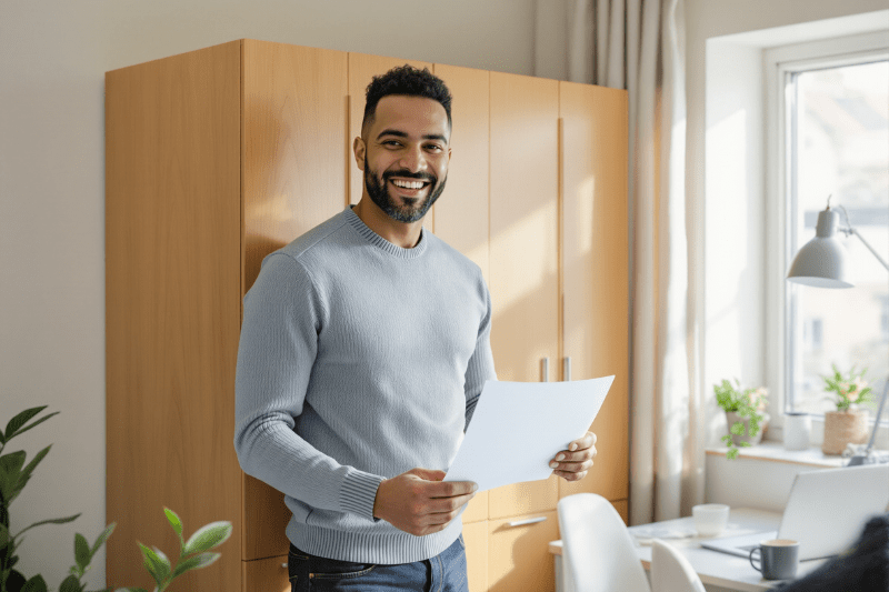 Man standing in a room, holding a document