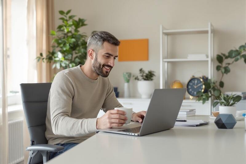 man sitting at sunny desk at home