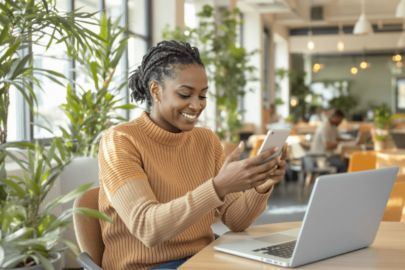 Woman sat at a table in a cafe