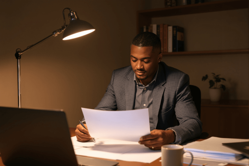 Man sat in a dimly lit office