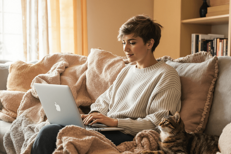 Woman sitting on sofa with a laptop