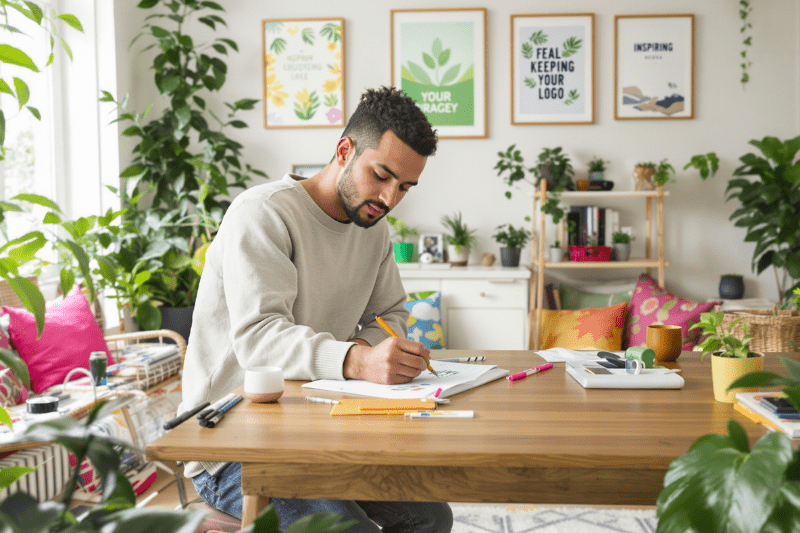 A self-employed person in a plant-filled office
