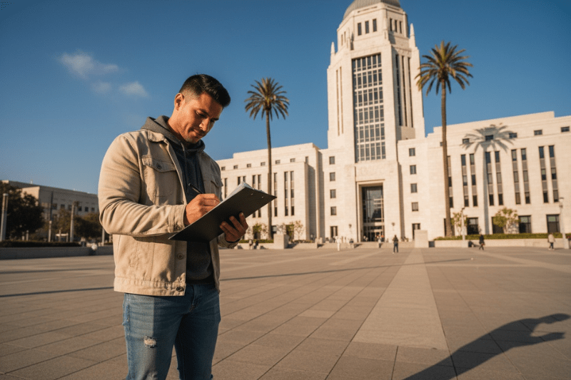 Person stood in front of a city hall