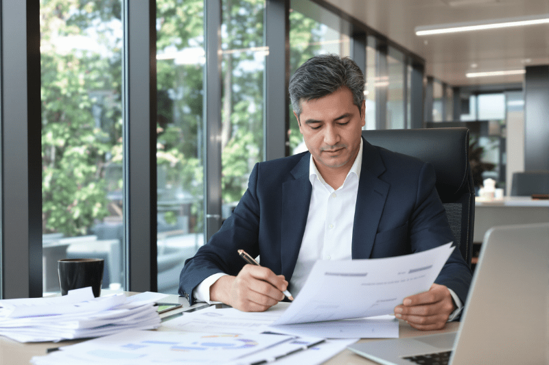 Man filing reports in a sunny office