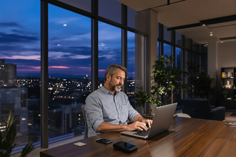 Freelancer working in a twilight office