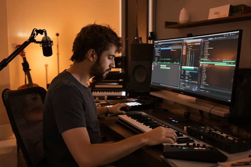 Musician sat in a dimly lit home office