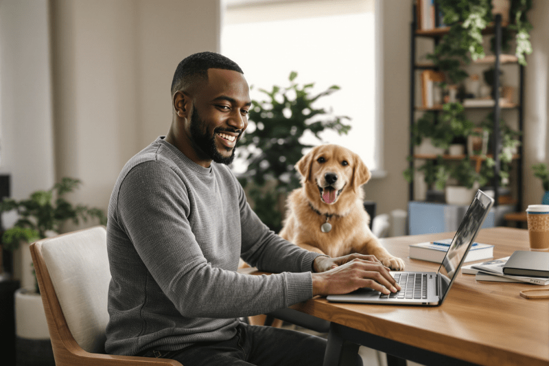 Man working in a home office with a dog