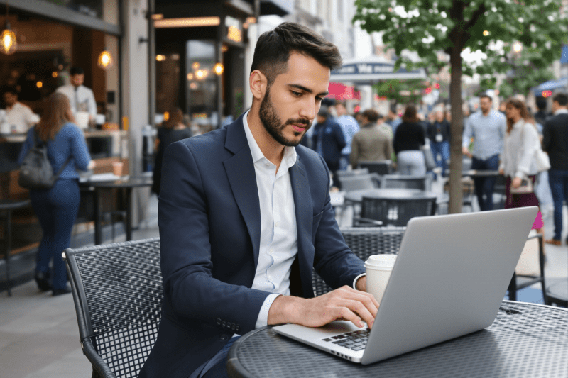 man outside sitting at a laptop