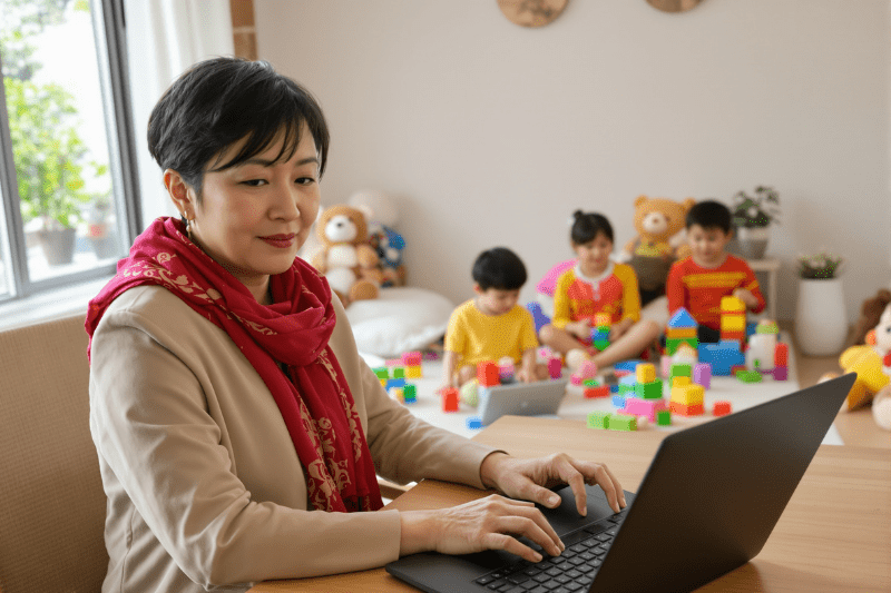 Woman working on a laptop at a table while children play with building blocks in the background of a home playroom.